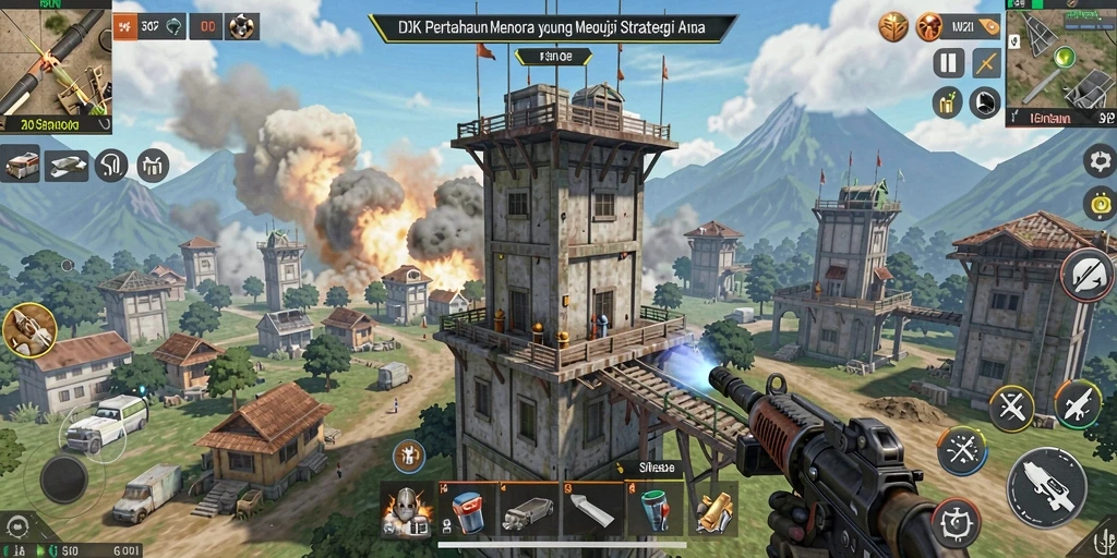 Screenshot permainan DKK menunjukkan menara yang sedang menyerang musuh.