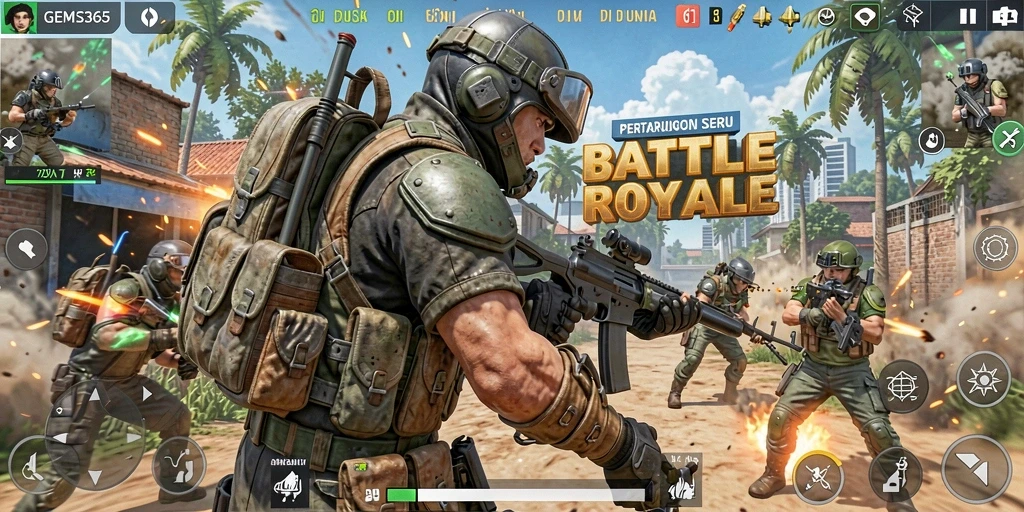 Screenshot GEMS365 menampilkan pertempuran epik dalam arena Battle Royale.