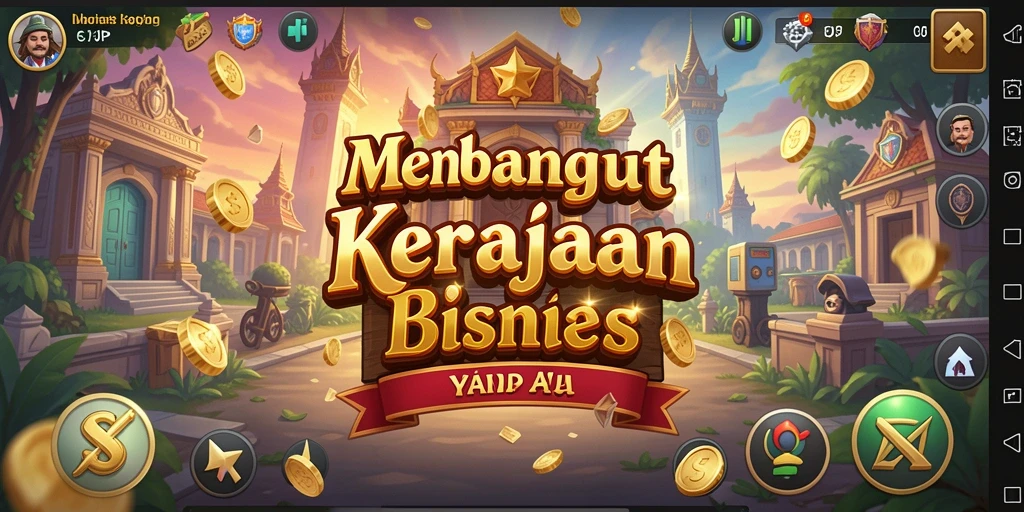 Tampilan gameplay HARAPJP yang menampilkan pembangunan kerajaan bisnis.