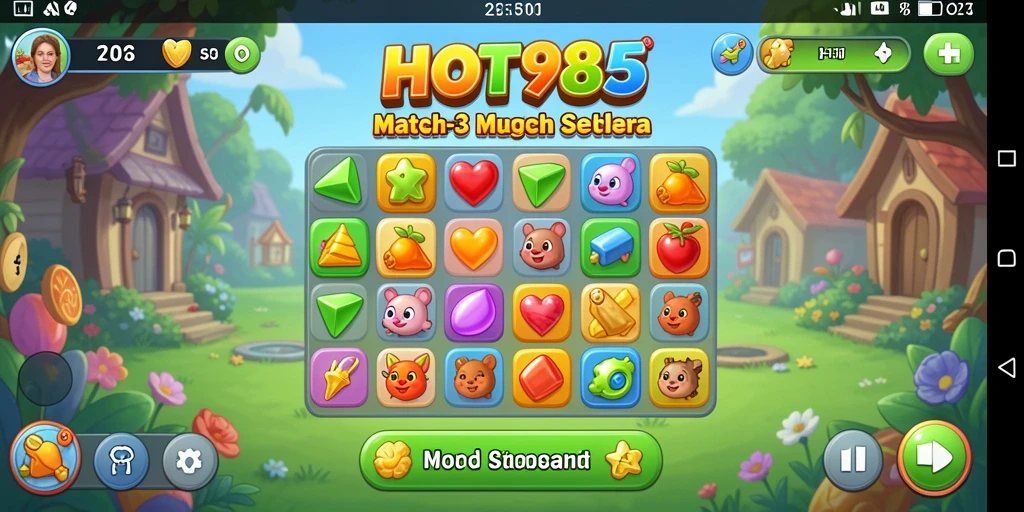 Tampilan gameplay seru dari HOT985 dengan grafis Match-3 yang menarik.