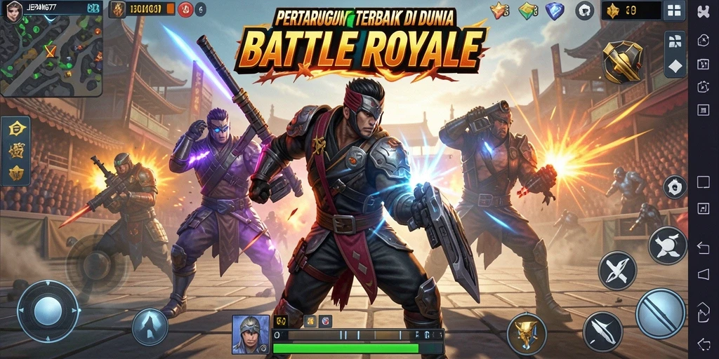 Gameplay Battle Royale yang mendebarkan dengan aksi seru.