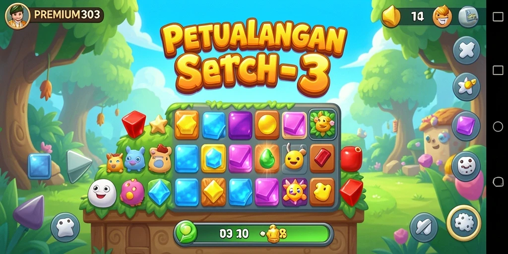 Tangkapan layar gameplay <strong>PREMIUM303</strong> yang menunjukkan level Match-3 yang dinamis.