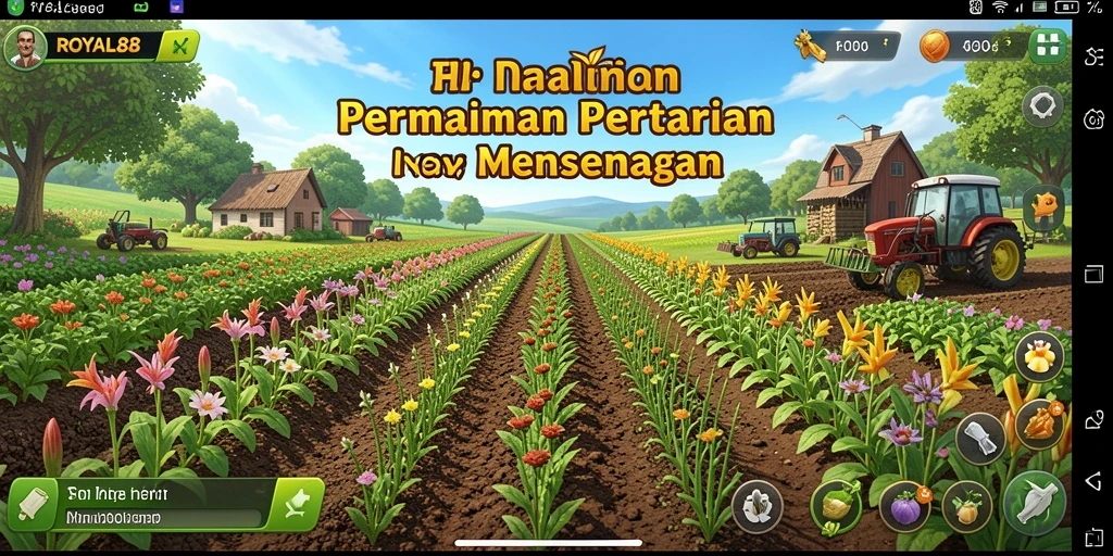 Screenshot gameplay <strong>ROYAL88</strong> menunjukkan ladang yang subur dan hewan-hewan lucu.