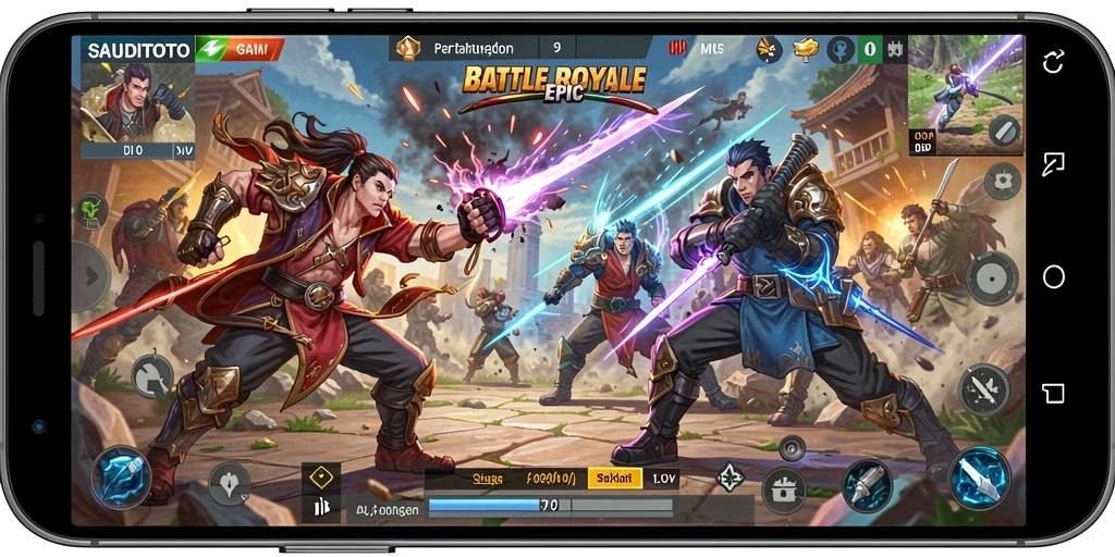 Tangkapan layar utama SAUDITOTO menampilkan aksi menegangkan dalam game Battle Royale.