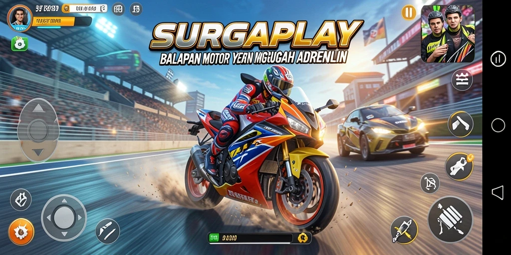 Tangkapan layar SURGAPLAY dengan aksi balapan motor yang mendebarkan.