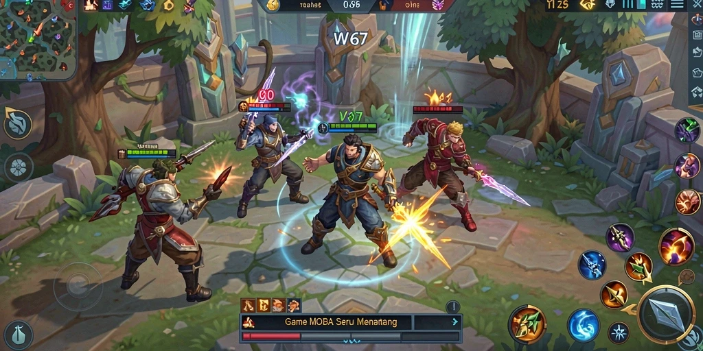 Tampilan gameplay seru di W67 dengan aksi MOBA intens.